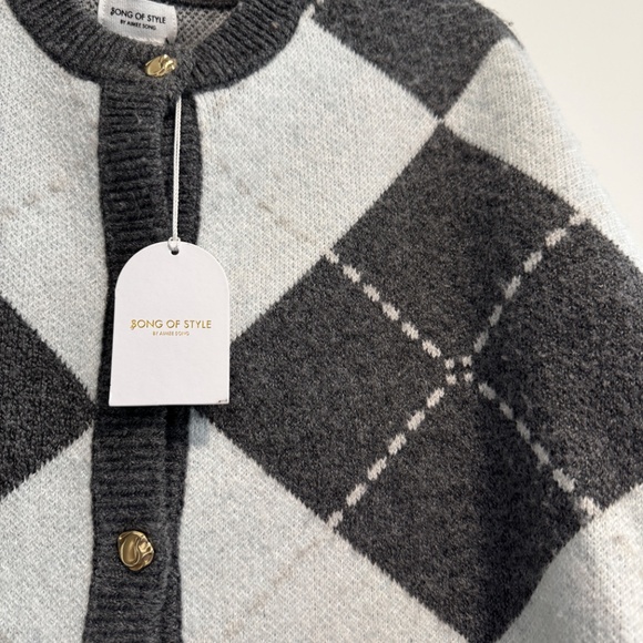 Song of Style Black and Light Blue Gray Argyle Cardigan - Picture 4 of 7
